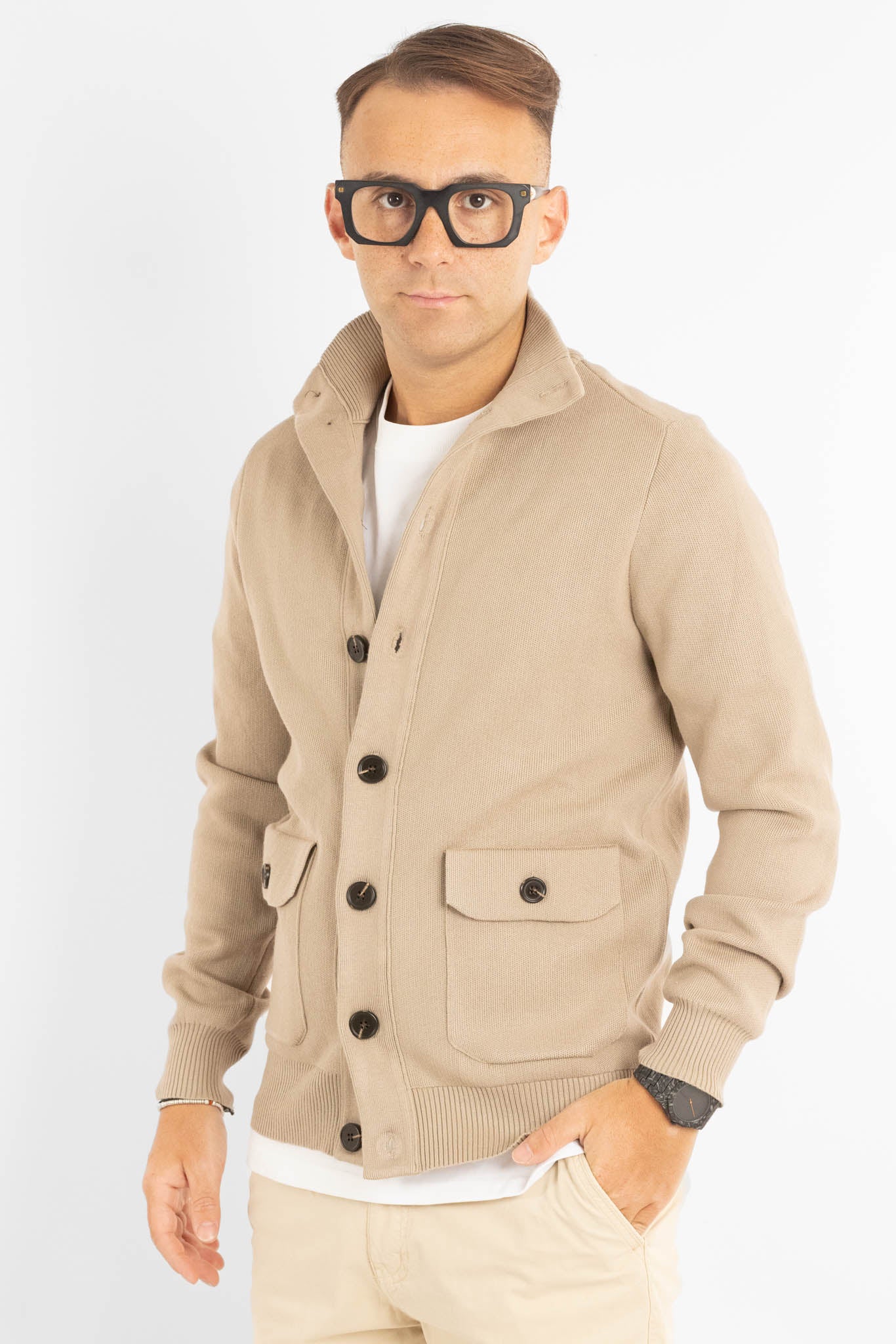 Cardigan con Bottoni e Tasche | Beige