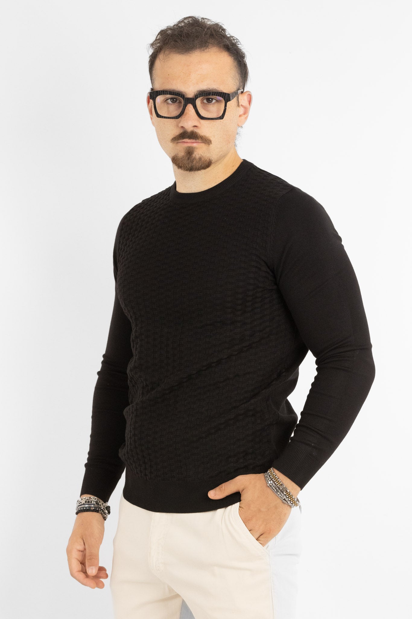 Pullover Girocollo Tramato Slim | 2 per €40 | Nero