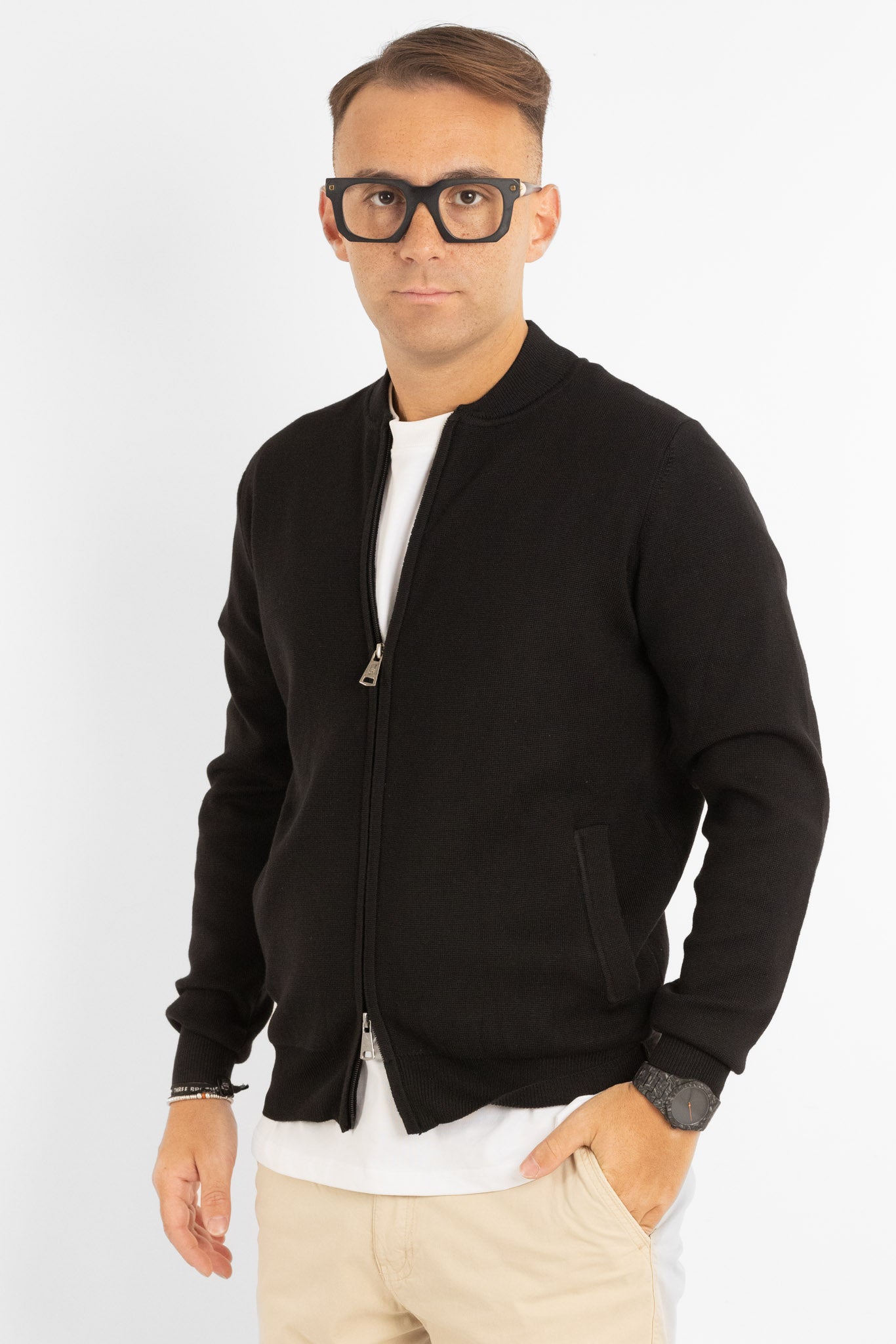 Cardigan con Zip e Collo Baseball | Nero