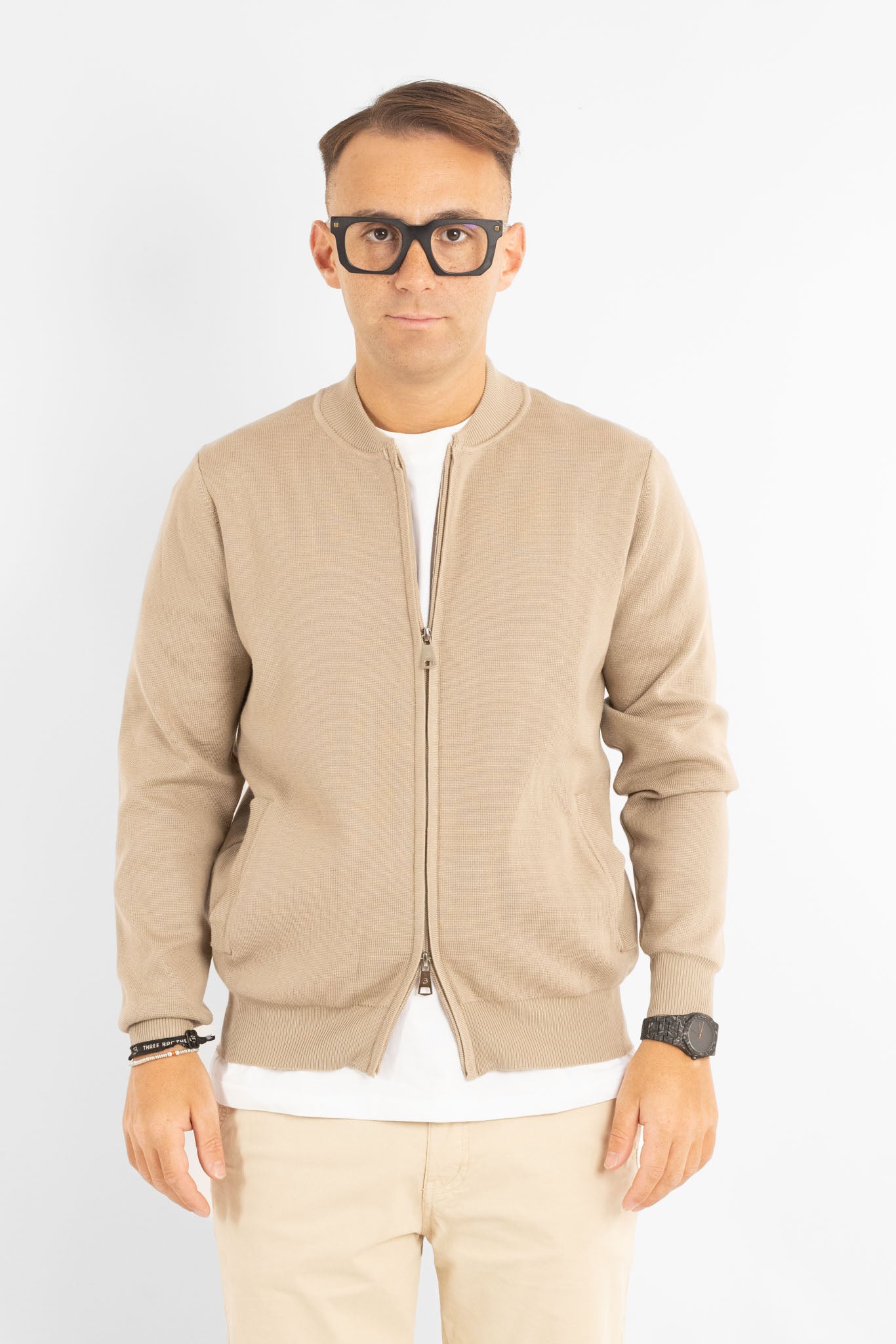 Cardigan con Zip e Collo Baseball | Beige