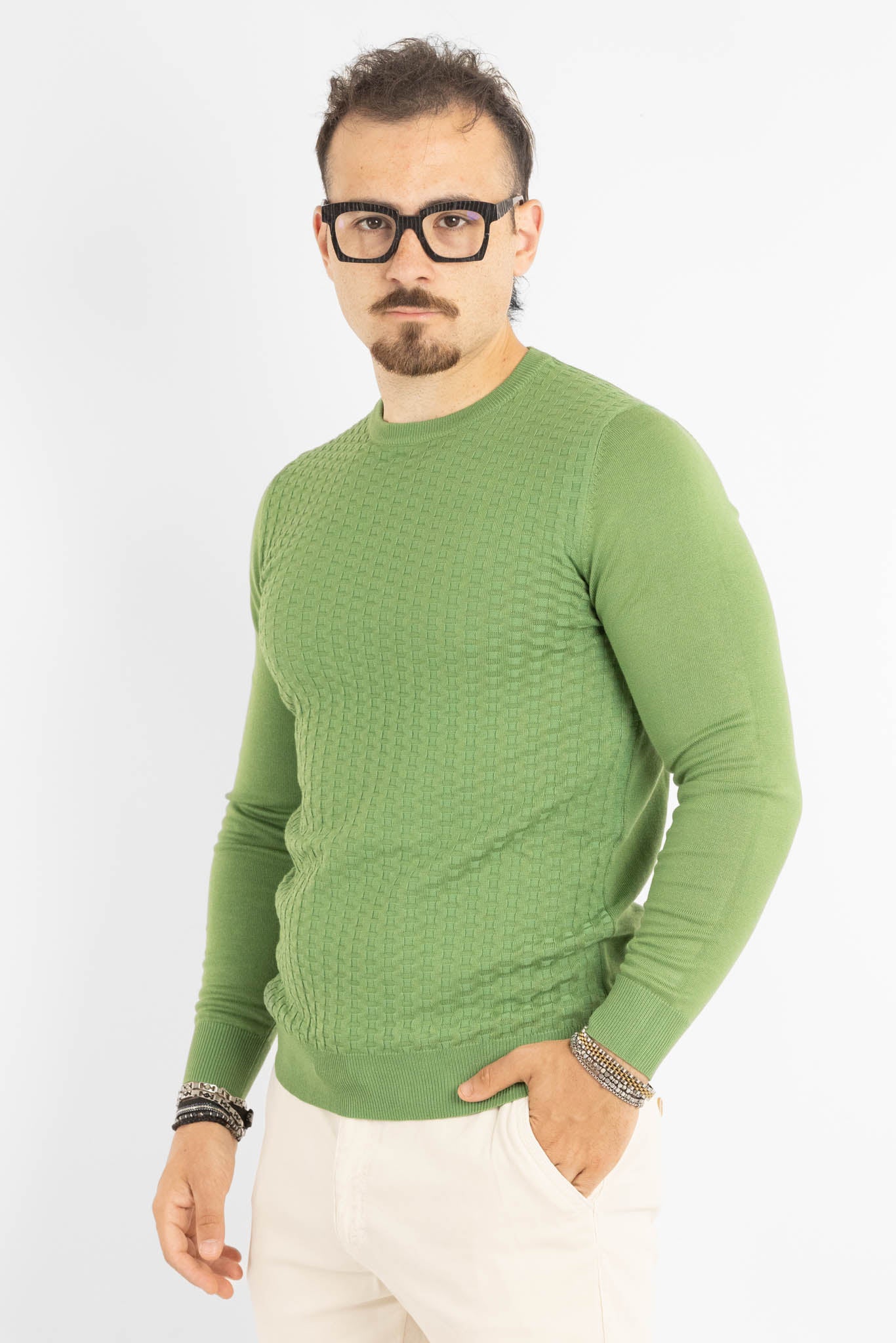 Pullover Girocollo Tramato Slim | 2 per €40 | Verde