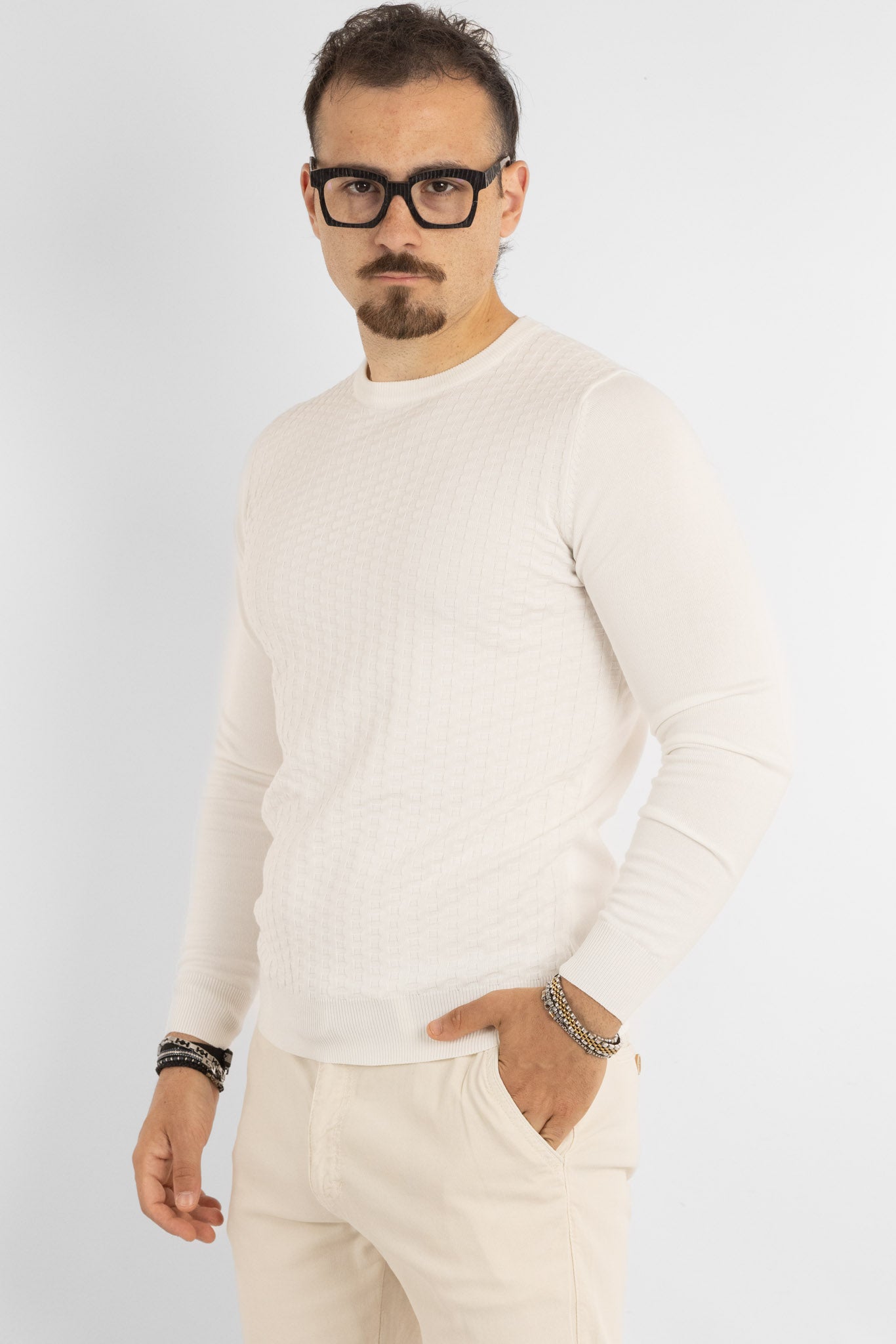 Pullover Girocollo Tramato Slim | 2 per €40 | Bianco