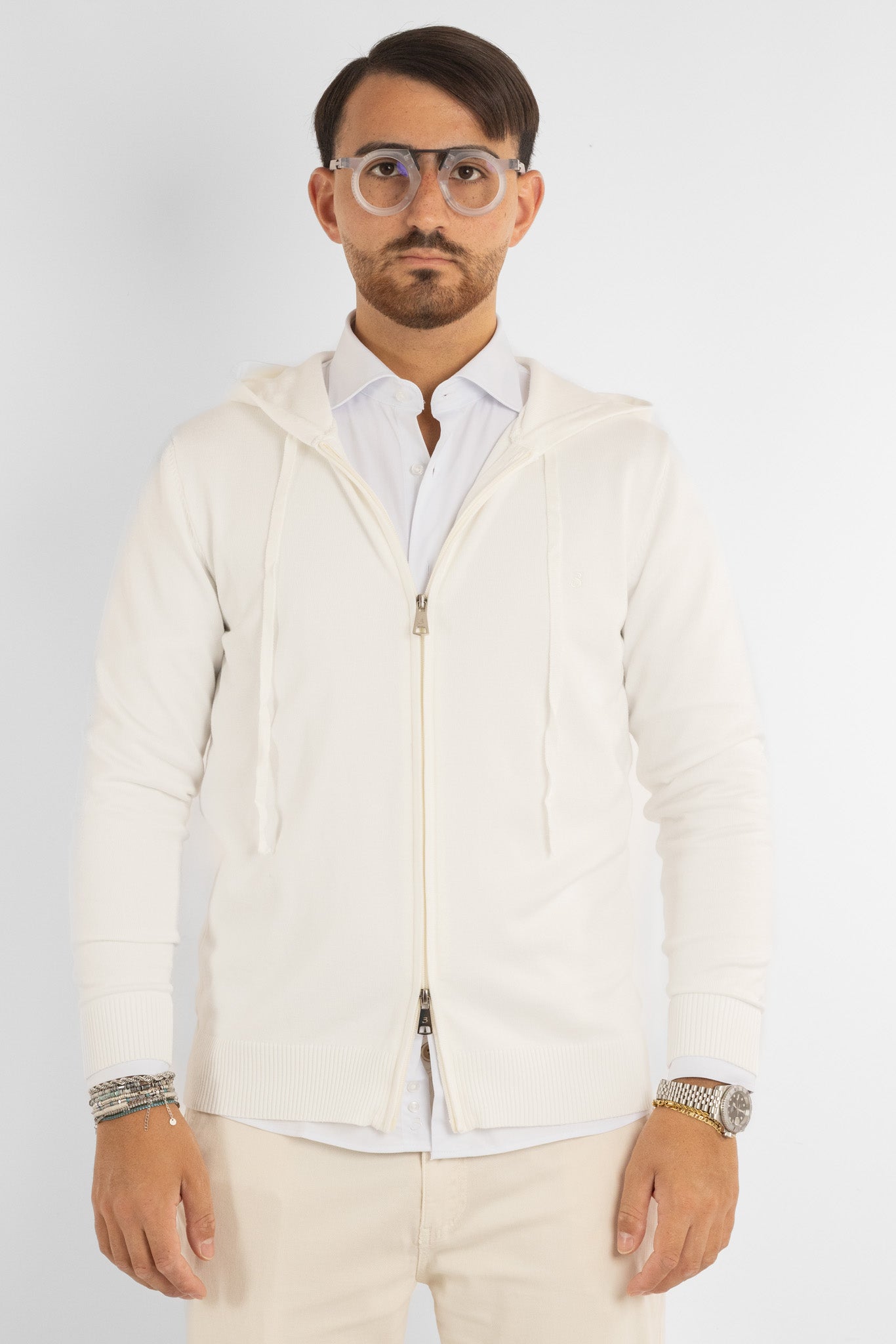 Cardigan Basic Zip e Cappuccio | Bianco Panna