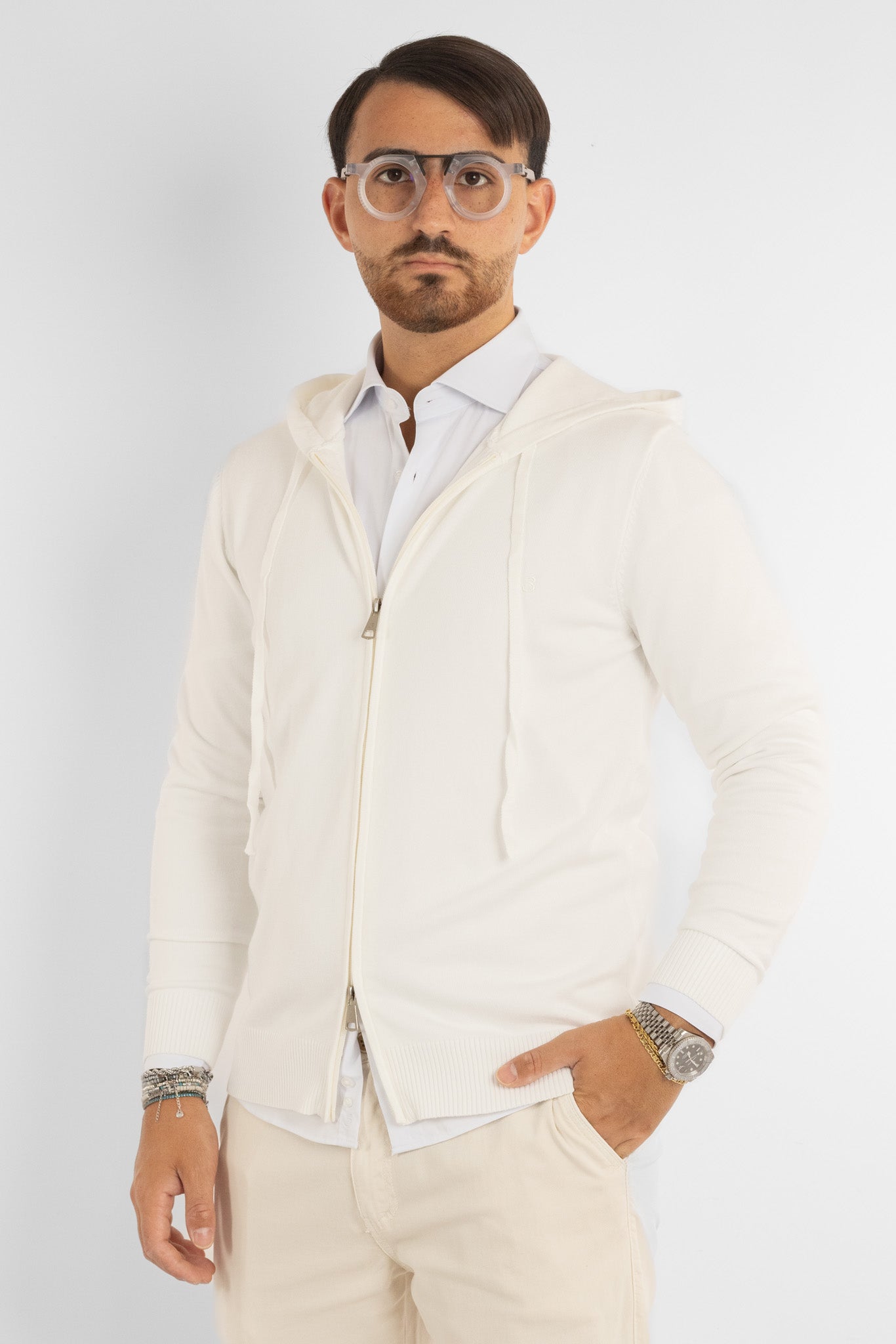 Cardigan Basic Zip e Cappuccio | Bianco Panna