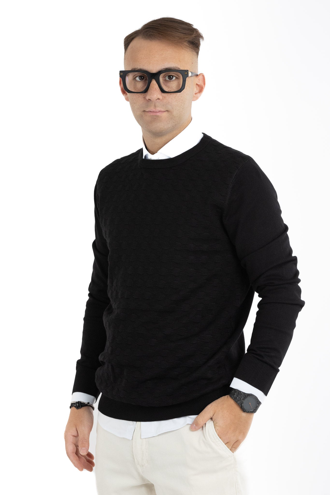 Pullover Girocollo Trama Ovale Slim | 2 per €40 | Nero