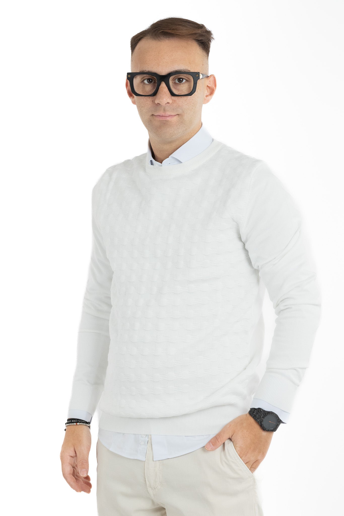Pullover Girocollo Trama Ovale Slim | 2 per €40 | Bianco