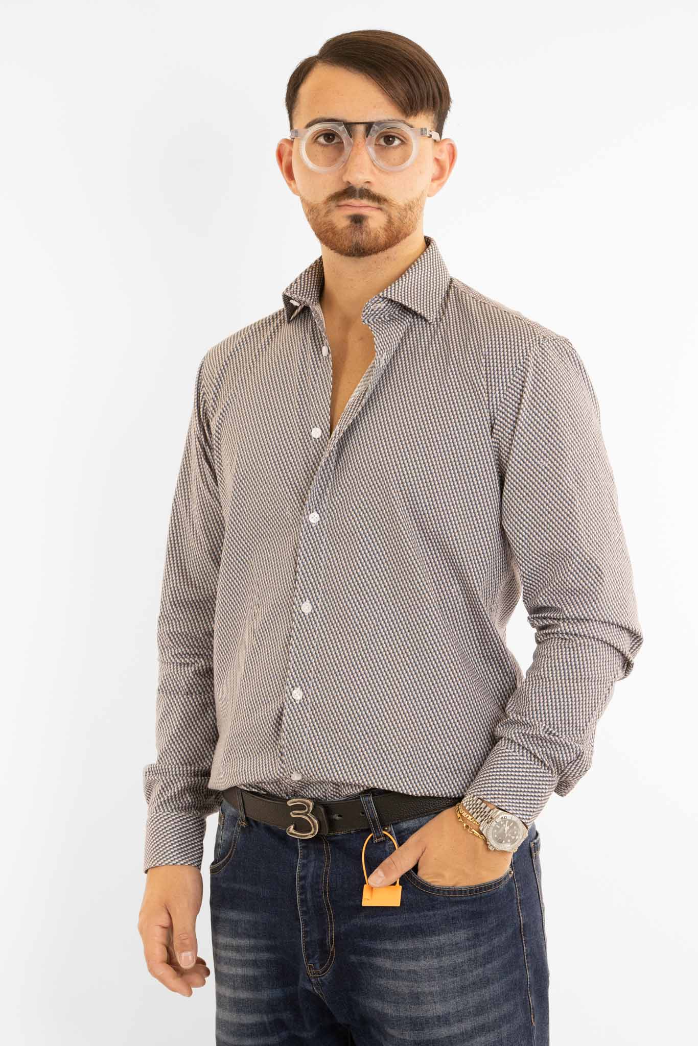 Chemise en coton à motifs semi-ajustée | Multi Beige Bleu 01