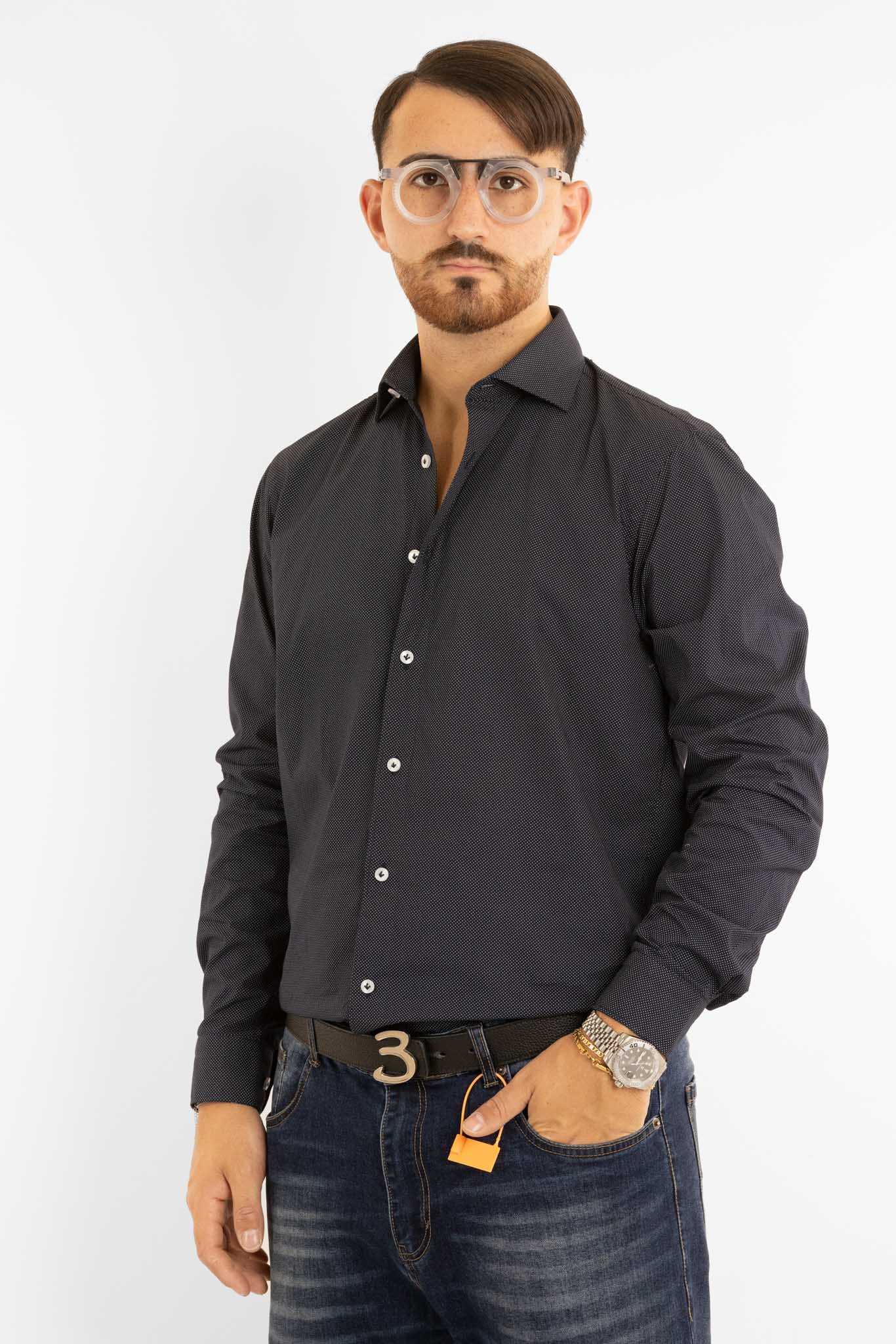 Chemise semi-slim en coton à motifs | Bleue à pois blancs 09