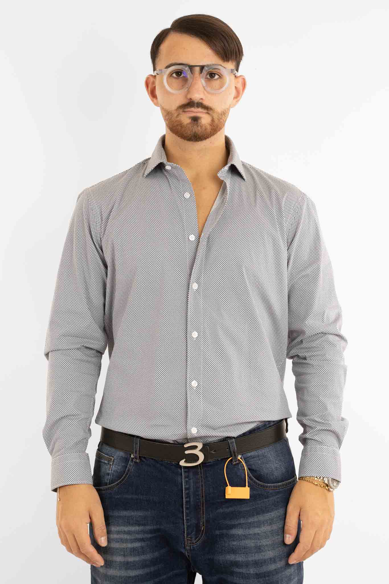 Chemise semi-slim en coton à motifs | Blanche à pois bleus 07