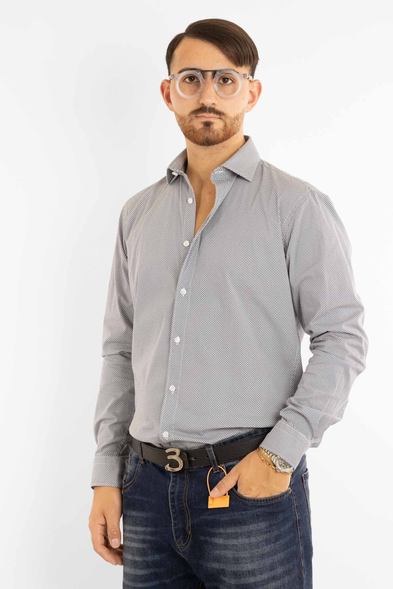 Chemise semi-slim en coton à motifs | Blanche à pois bleus 07