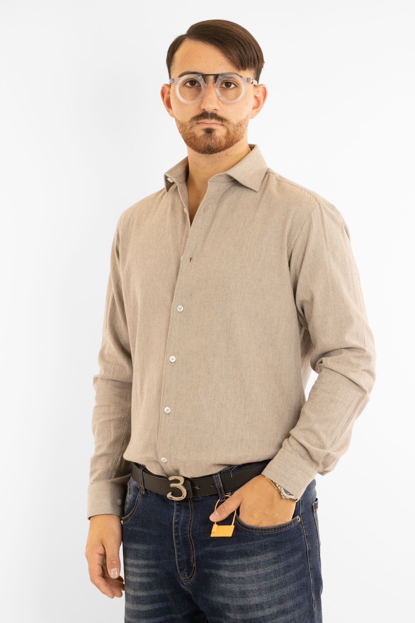 Chemise en flanelle semi-slim | Beige