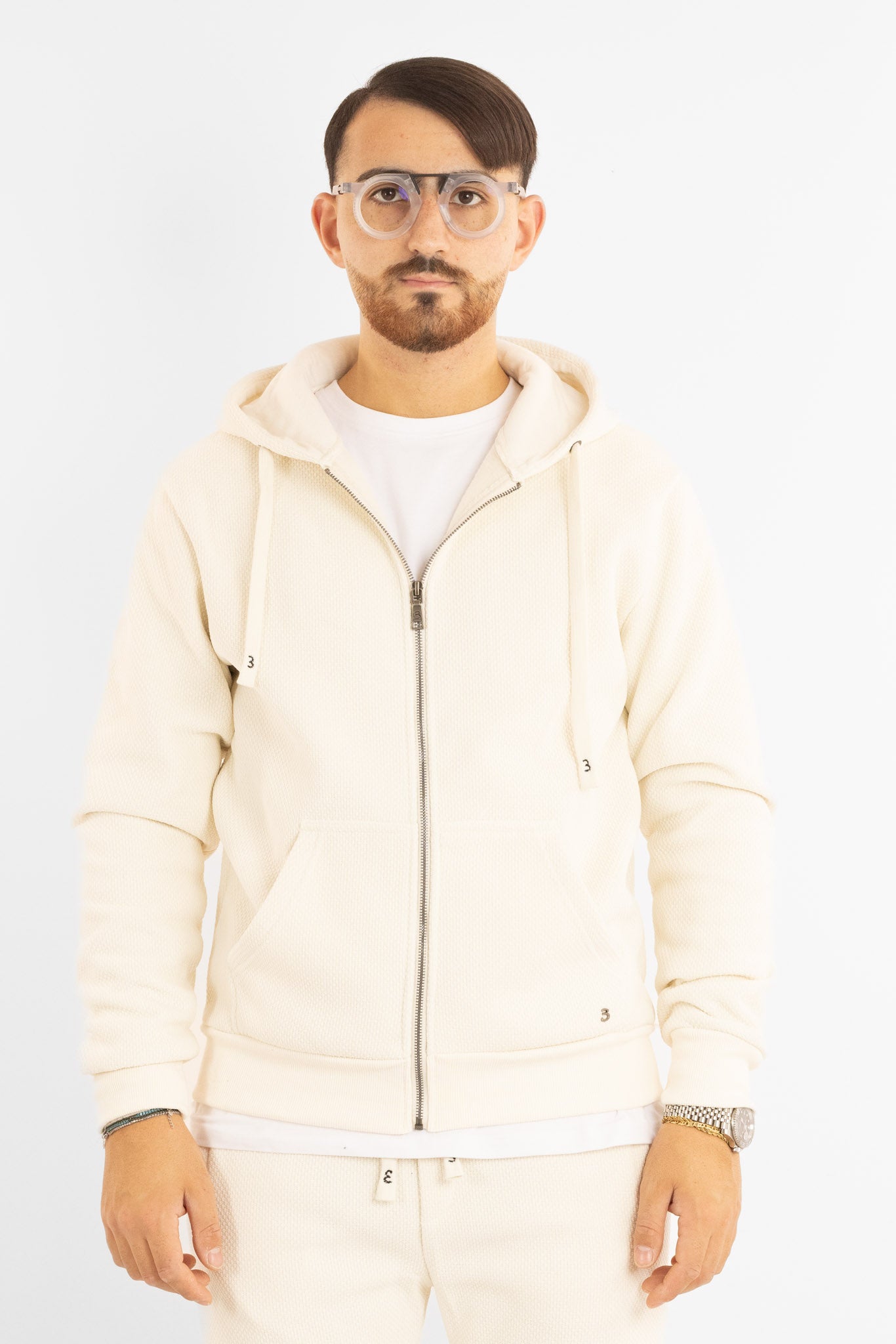 Felpa Ciniglia Felpata con Zip e Cappuccio | Crema