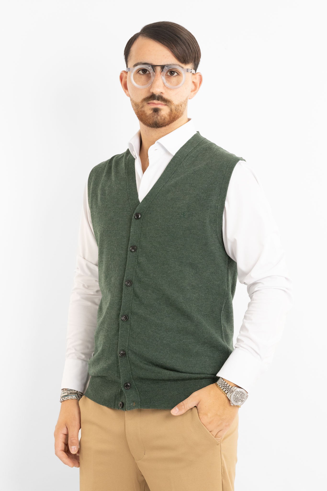 Cardigan Gilet a V con Bottoni Misto Lana 850 | 2 per €50 | Verde
