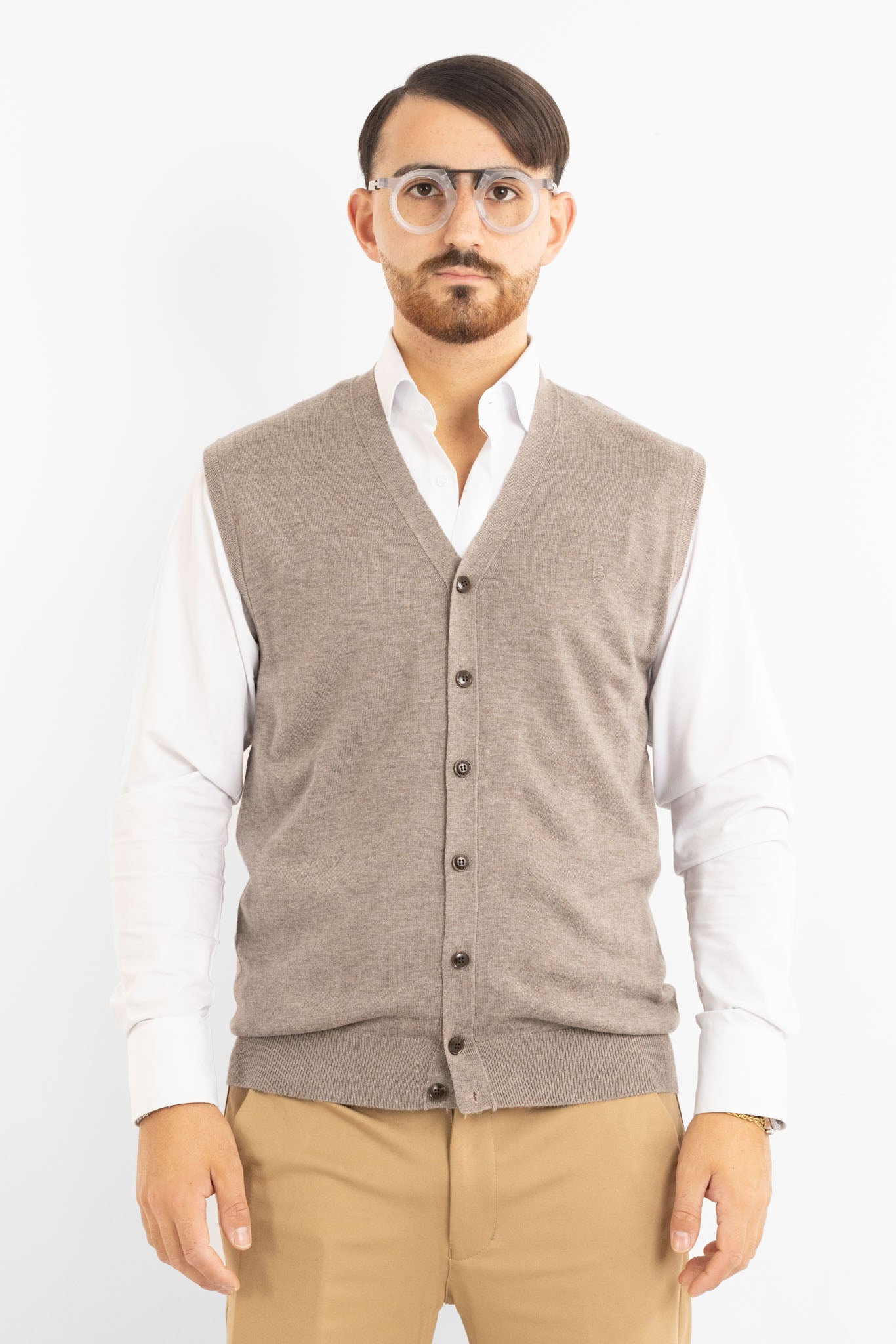 Cardigan Gilet a V con Bottoni Misto Lana 850 | 2 per €50 | Tortora