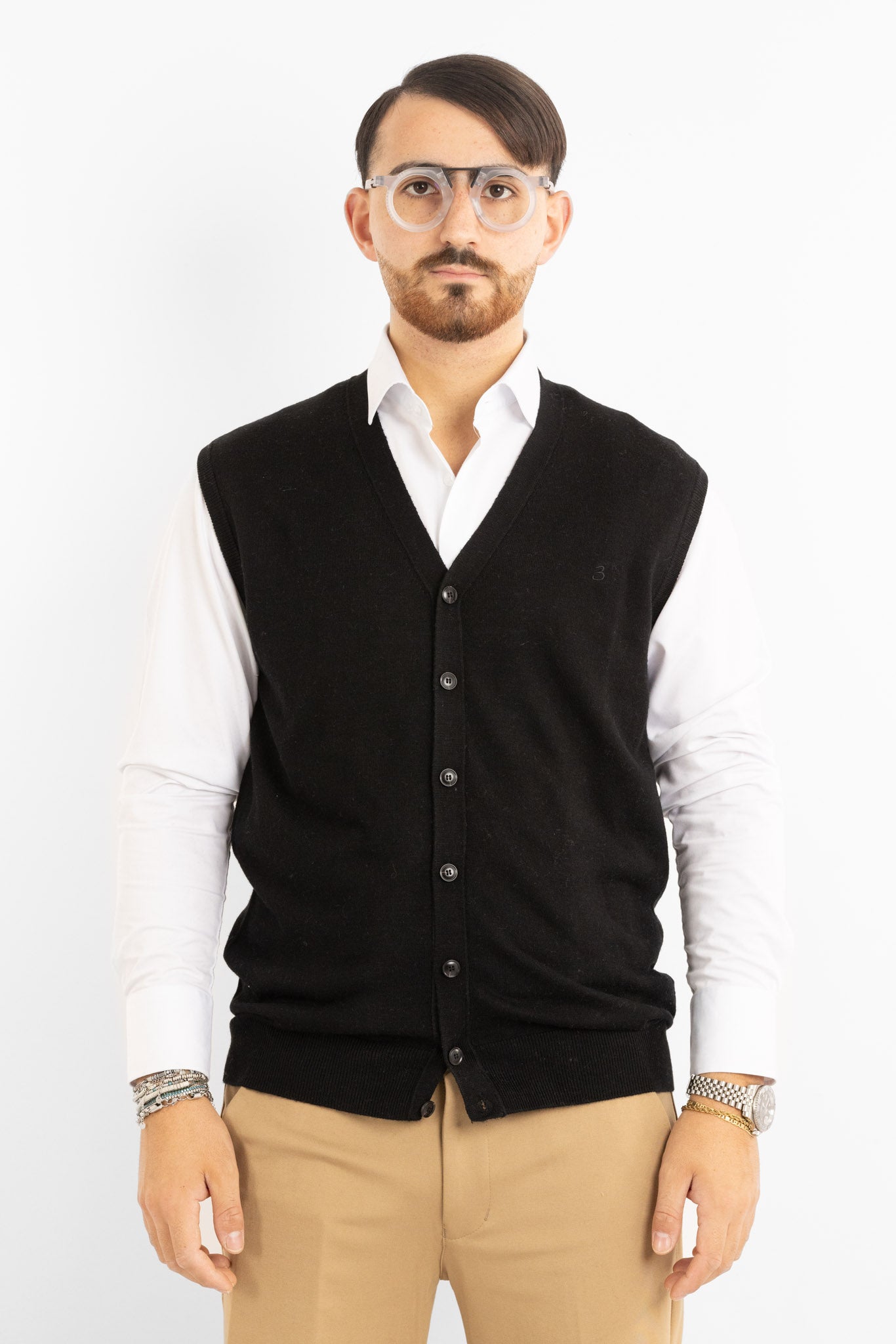 Cardigan Gilet a V con Bottoni Misto Lana 850 | 2 per €50 | Nero