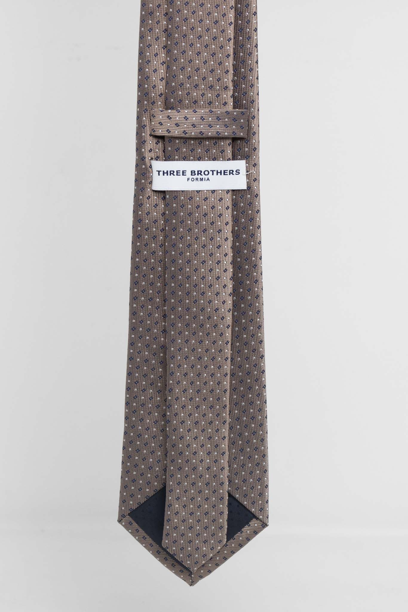 Cravatta Tre Pieghe Rombetti e Pois Biege su Fondo Tortora | 2 Per €20