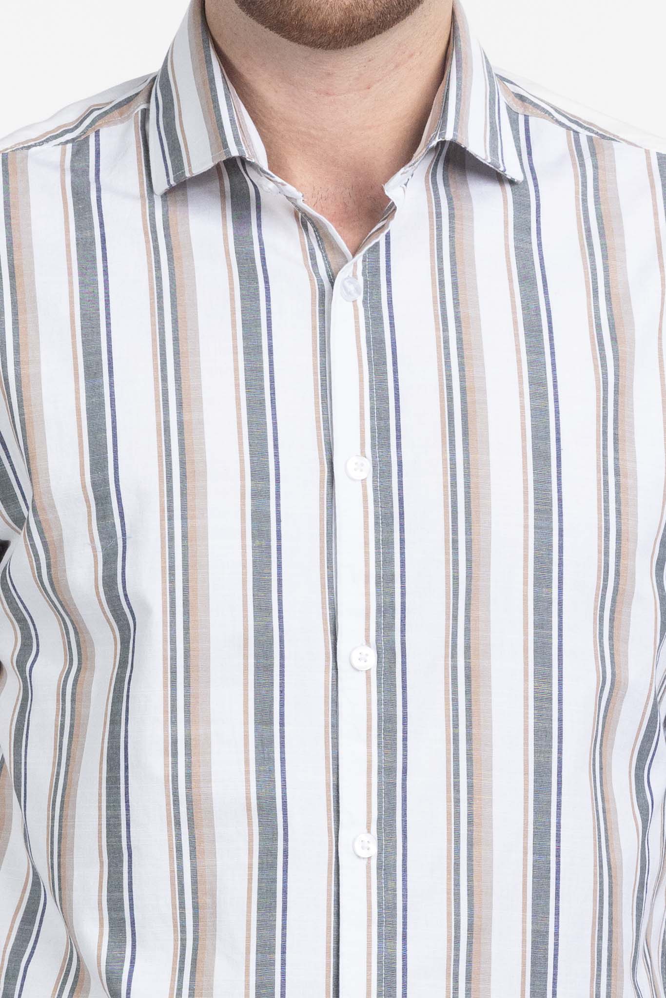 Camicia Riga Larga Tessuto Effetto Lino Slim | Beige e Verde