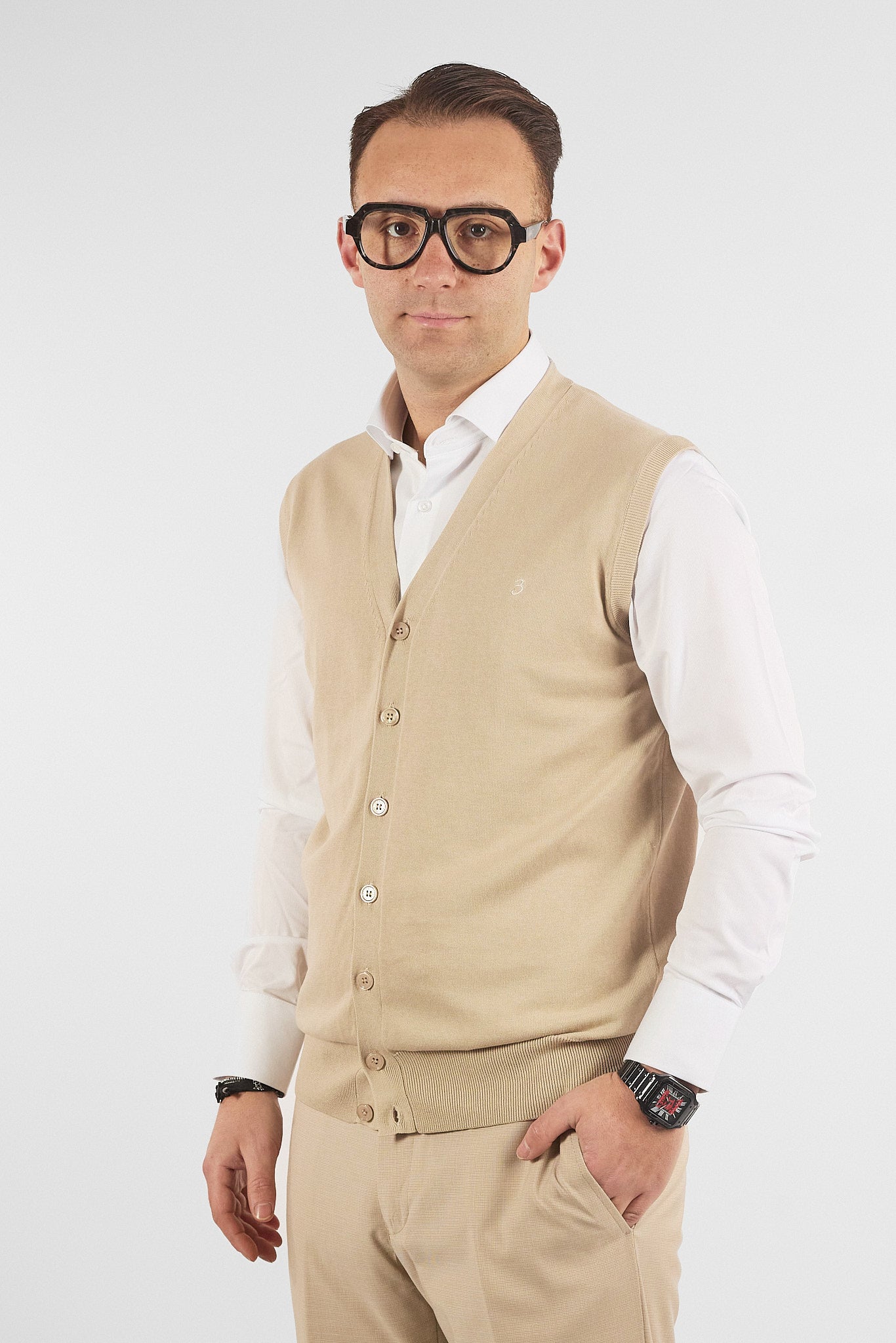 Gilet a V con Bottoni Basic di Cotone 1109 | 2 per €50 | Biege 45