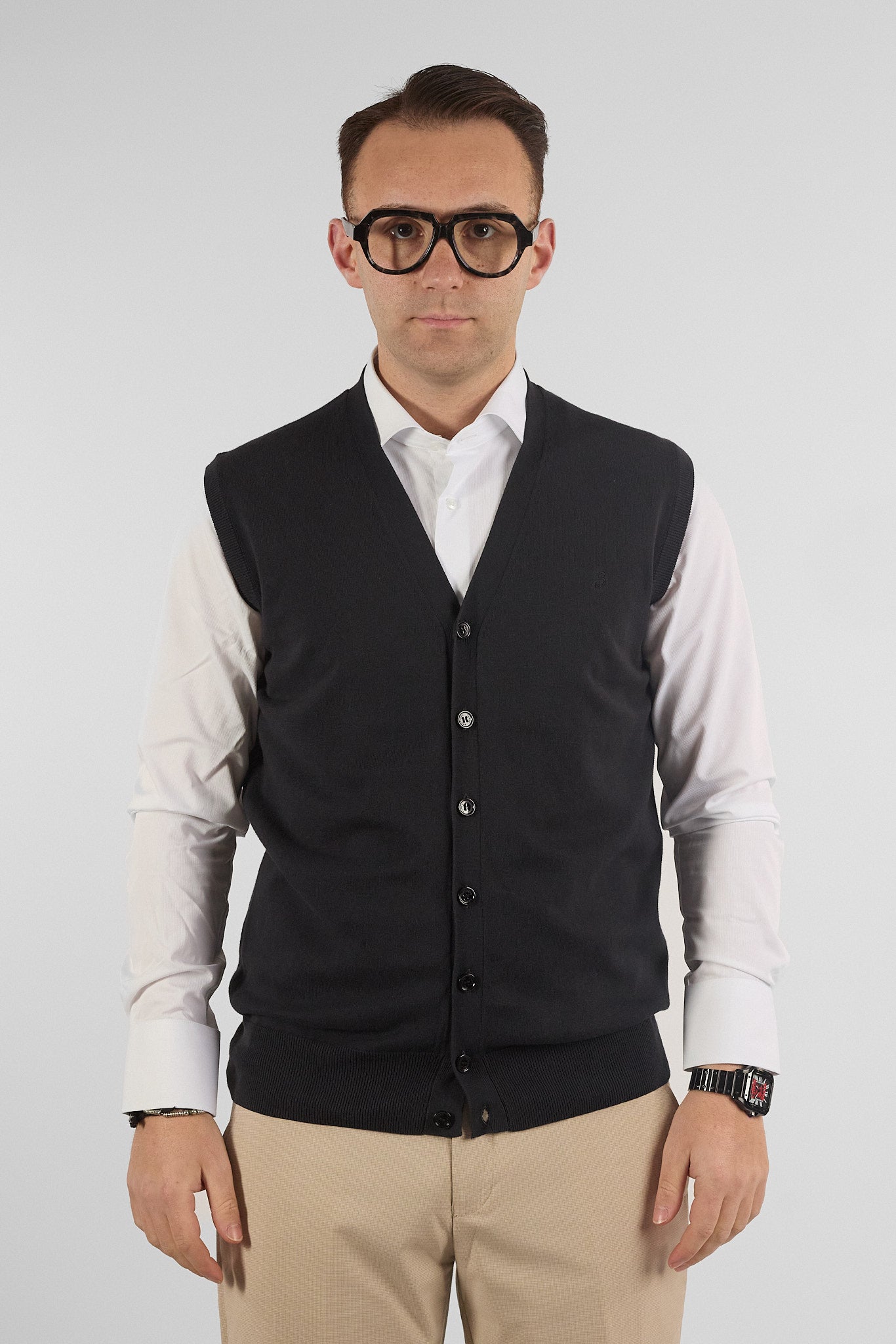 Gilet a V con Bottoni Basic di Cotone 1109 | 2 per €50 | Nero 01