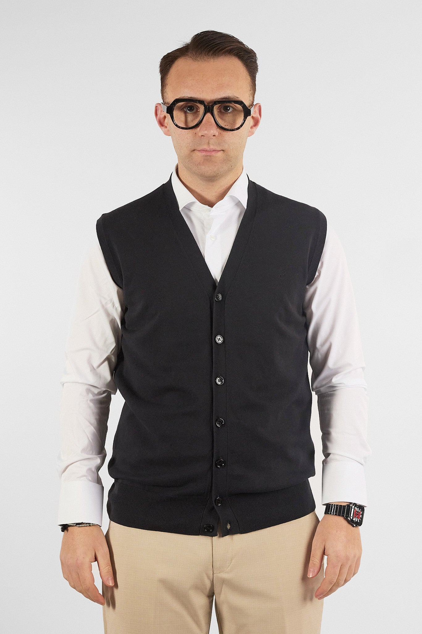 Gilet a V con Bottoni Basic di Cotone 1109 | 2 per €50 | Nero 01