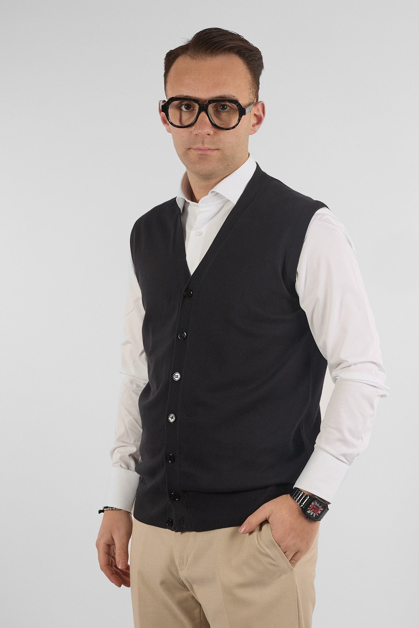 Gilet a V con Bottoni Basic di Cotone 1109 | 2 per €50 | Nero 01