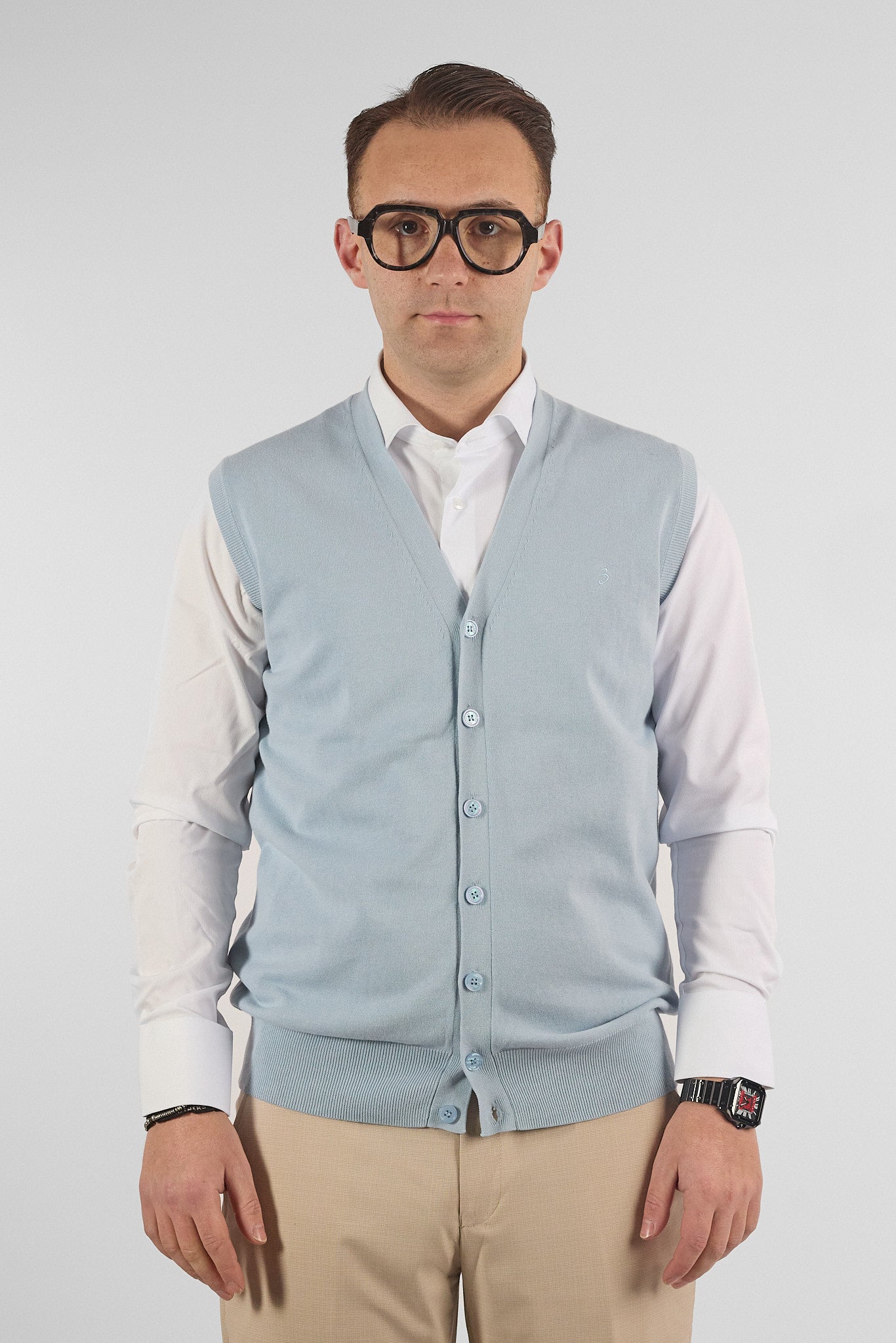 Gilet a V con Bottoni Basic di Cotone 1109 | 2 per €50 | Celeste 16