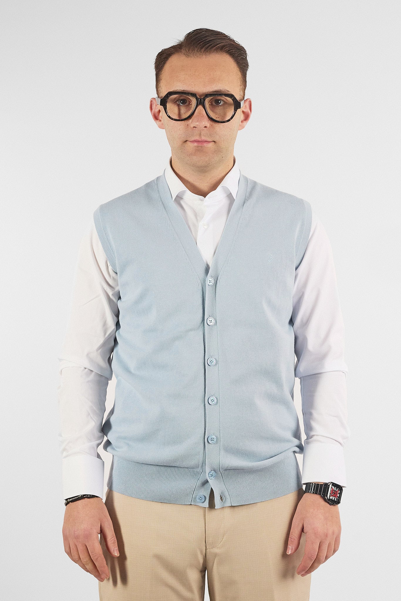 Gilet a V con Bottoni Basic di Cotone 1109 | 2 per €50 | Celeste 16