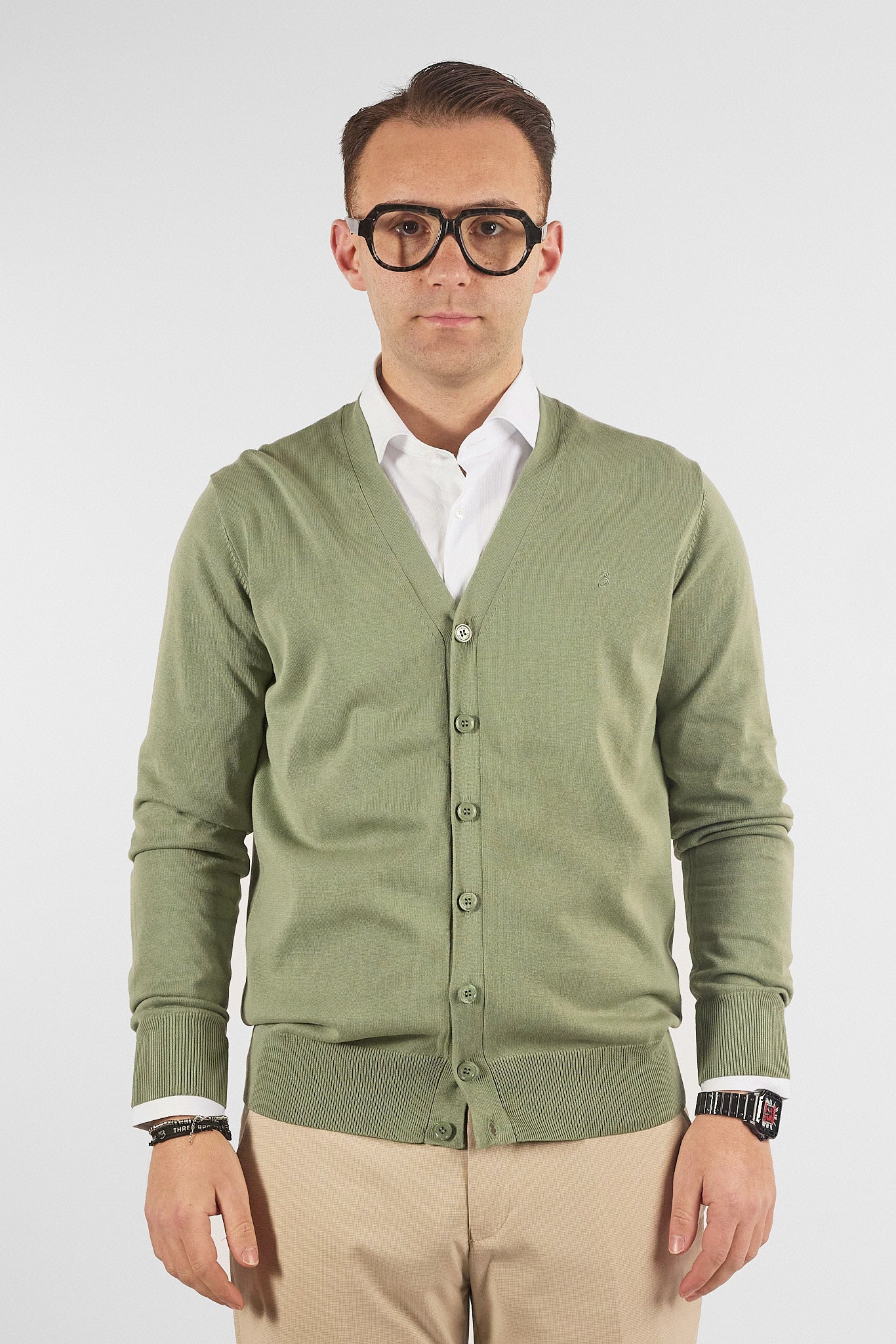 Cardigan a V con Bottoni Basic di Cotone 1107 | 2 per €50 | Verde 12
