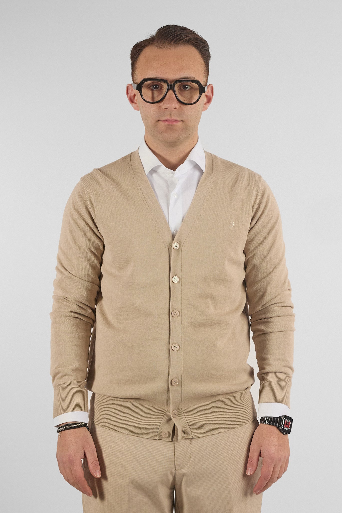 Cardigan a V con Bottoni Basic di Cotone 1107 | 2 per €50 | Beige 45
