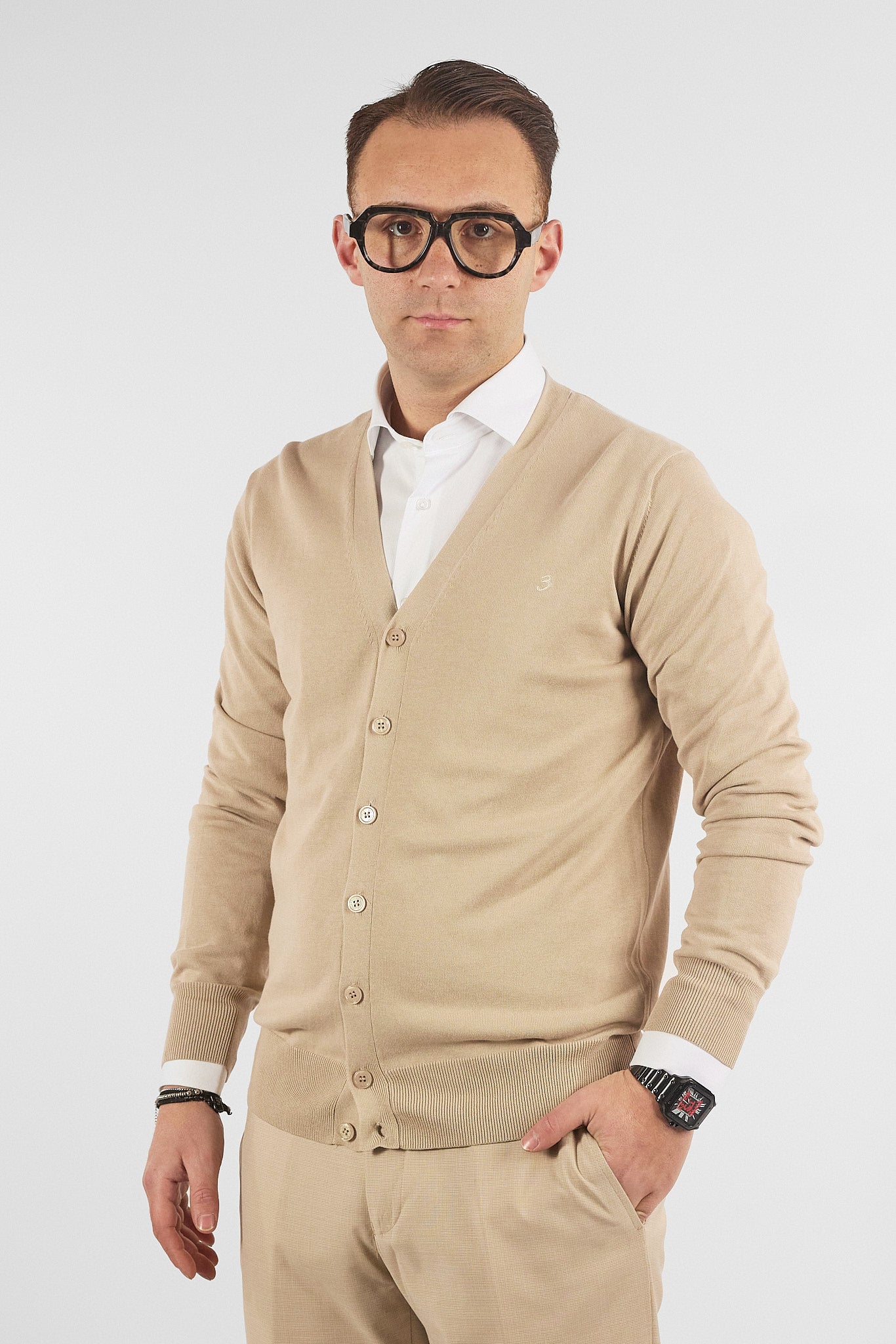 Cardigan a V con Bottoni Basic di Cotone 1107 | 2 per €50 | Beige 45
