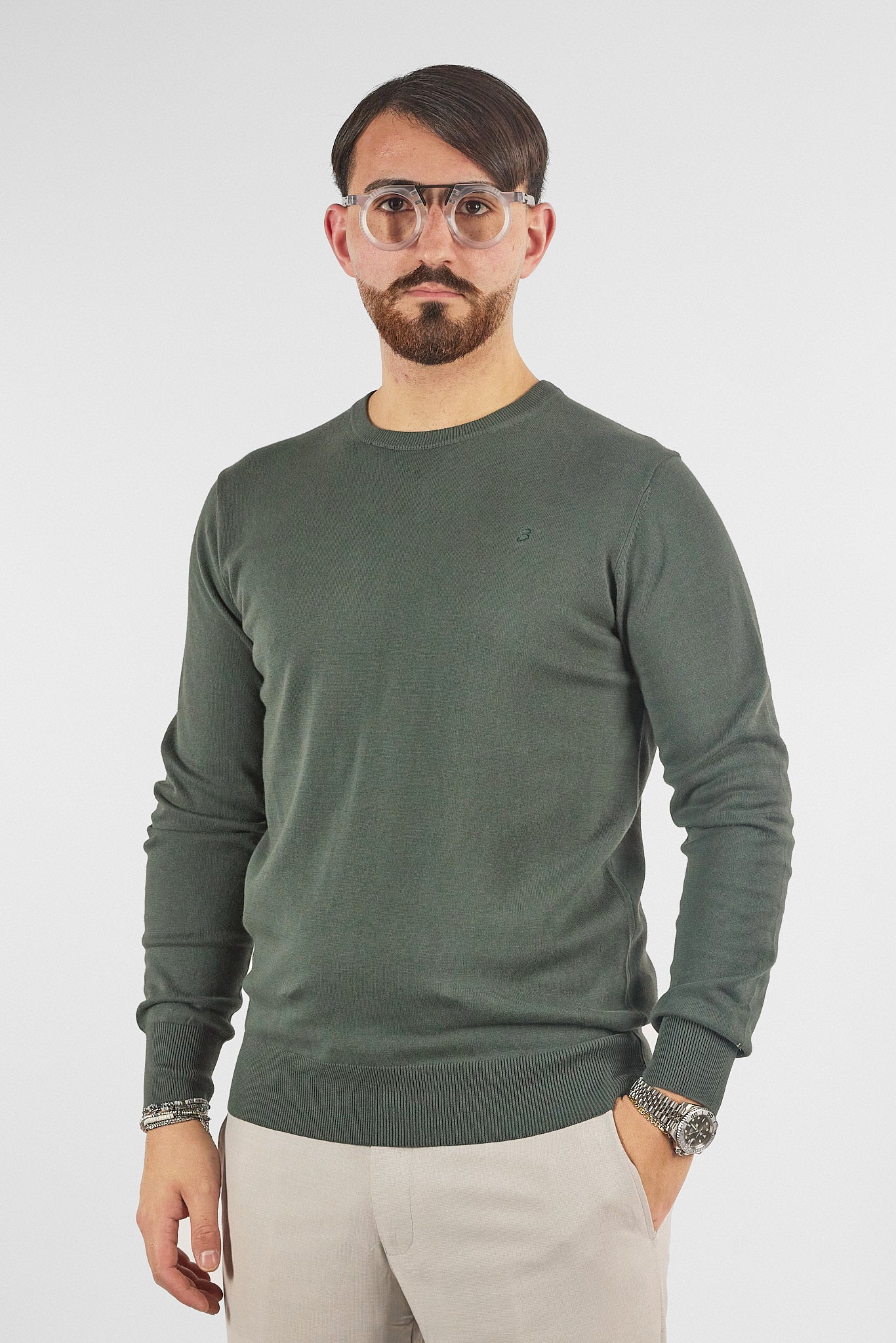 Pullover Girocollo Basic Cotone 110 | 2 per €50 | Verde Scuro 32