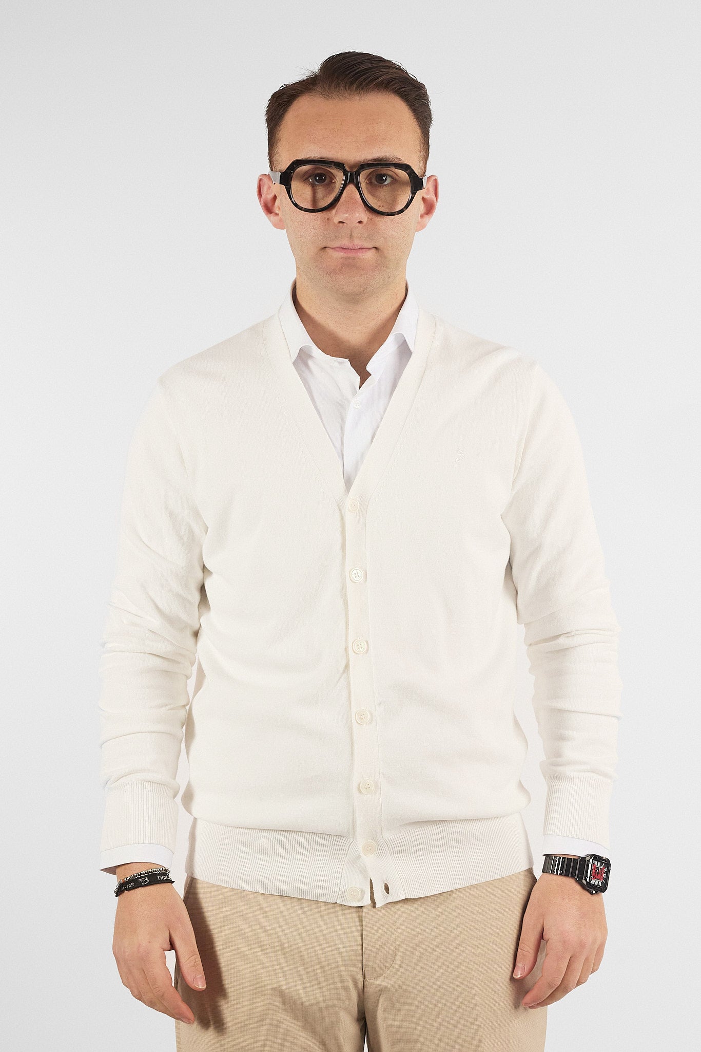Cardigan a V con Bottoni Basic di Cotone 1107 | 2 per €50 | Bianco 15