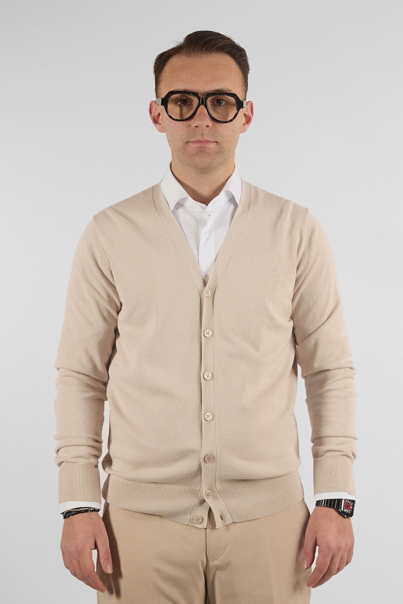 Cardigan a V con Bottoni Basic di Cotone 1107 | 2 per €50 | Panna 27