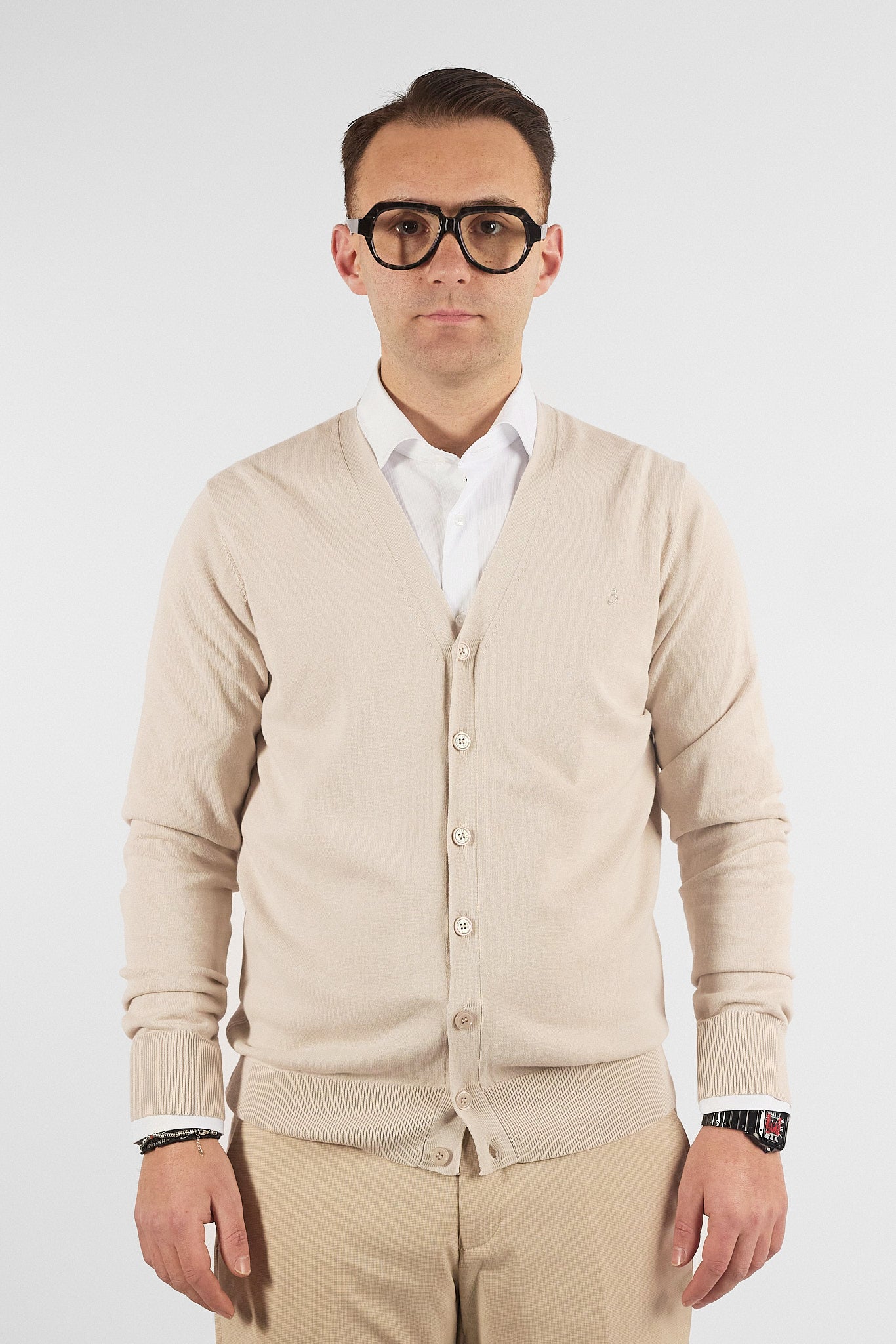 Cardigan a V con Bottoni Basic di Cotone 1107 | 2 per €50 | Panna 27