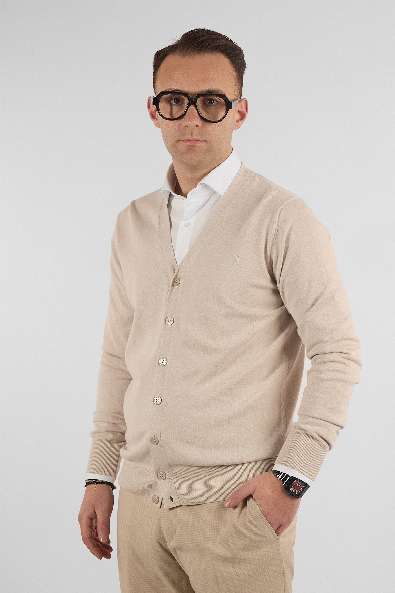 Cardigan a V con Bottoni Basic di Cotone 1107 | 2 per €50 | Panna 27